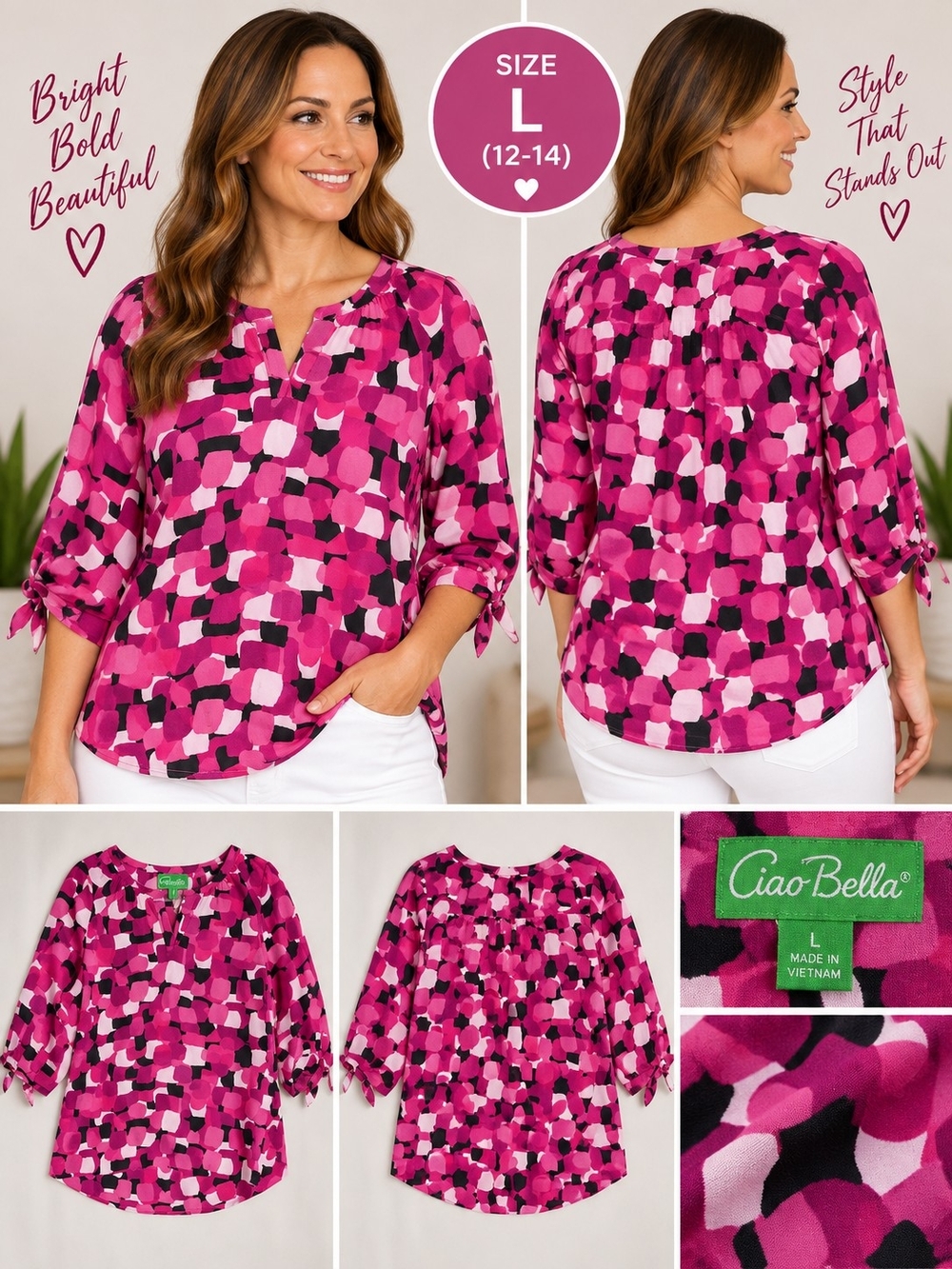 Pappagallo Women's large pink square design Blouse #31
